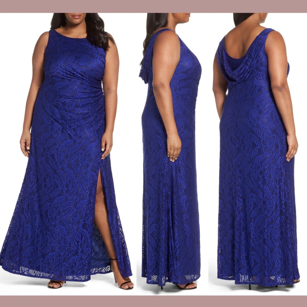 NWT $199 Adrianna Papell [ PLUS 16W ] Cowl Back‎ Stretch Lace Gown Neptune